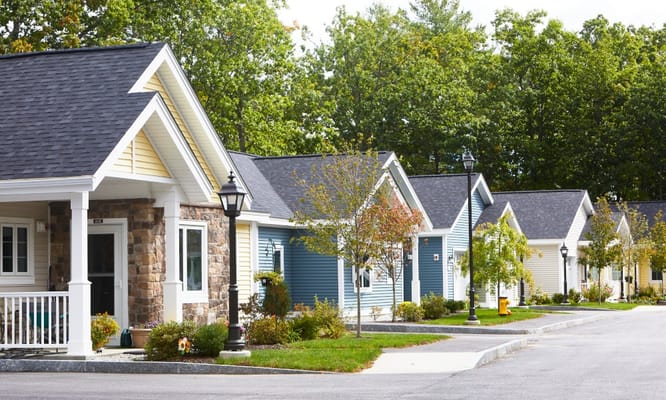 Row of small, colorful cottages with trees in the background
