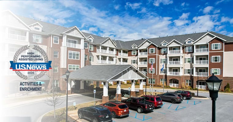 Exterior view of assisted living facility with logo