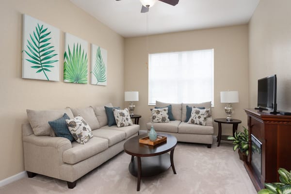 Bright living room with modern decor and comfortable seating