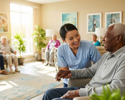 Nurse interacting with a resident in a bright common area