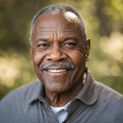 A smiling older man outdoors with a blurred background