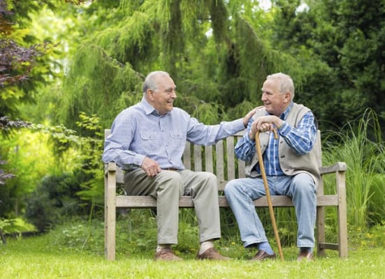 Two seniors chatting on a bench in a garden