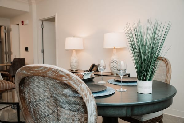 Cozy dining area with table, chairs, and decor