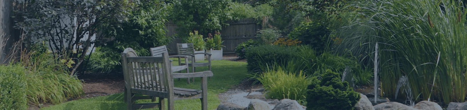 A serene garden with benches and flowers