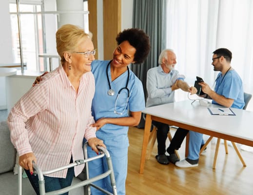 Nurse assisting a resident with a walker in a common area