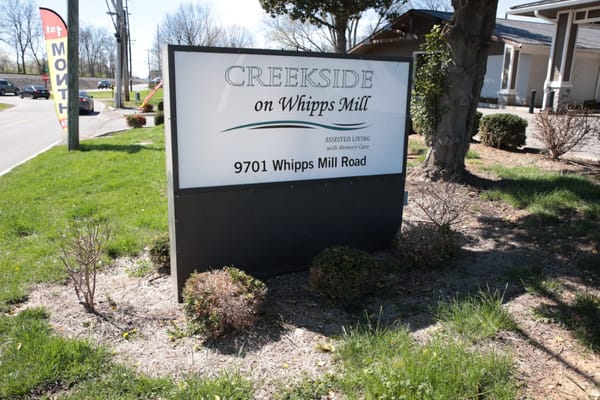 Exterior sign for Creekside on Whipps Mill Road