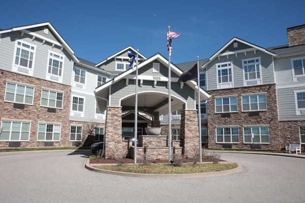 Exterior view of a senior living facility entrance