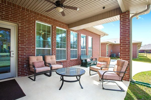 Outdoor seating area with chairs and a table