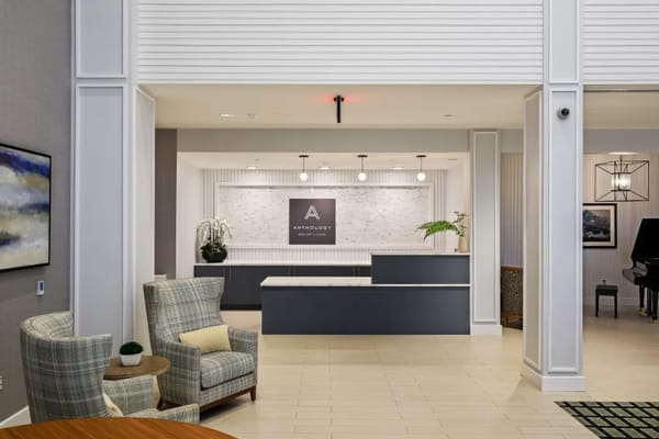Bright interior lobby with reception area