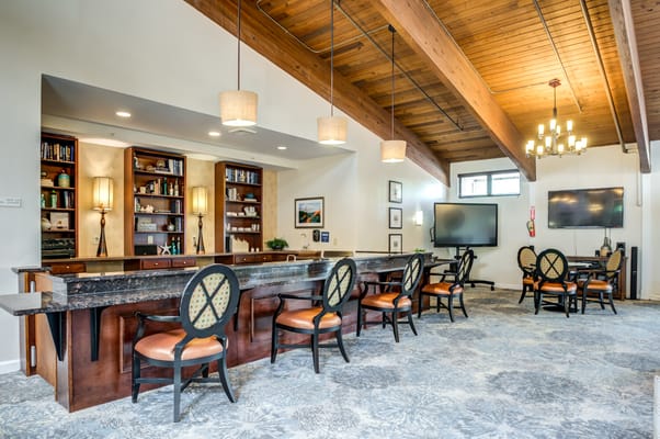 Interior view of a common area with a bar counter