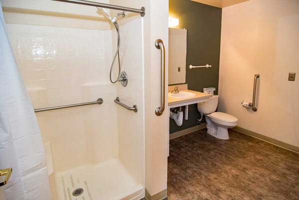 Accessible bathroom with shower and safety features