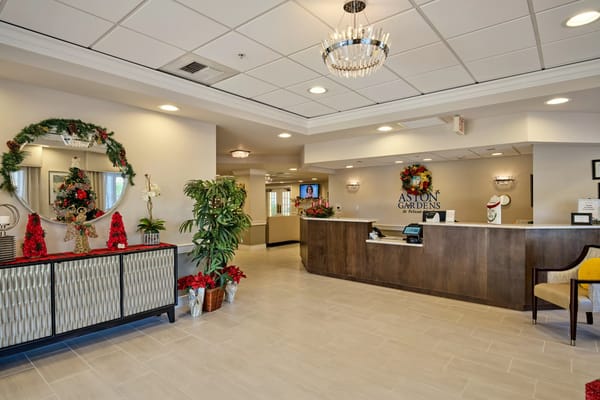 Bright lobby entrance decorated for the holidays