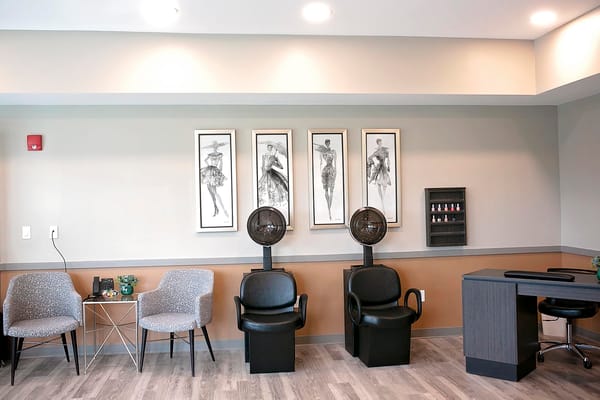 Beauty salon area with styling chairs and artwork