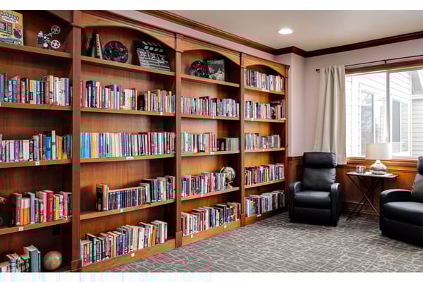 Bookshelves filled with a variety of books in a quiet library corner