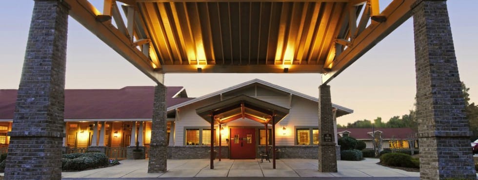 Exterior view of a senior living facility entrance