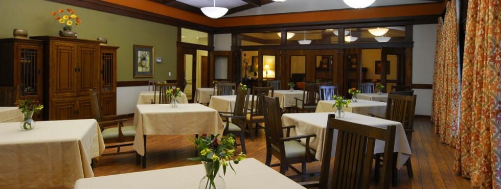Interior view of a common area with dining tables