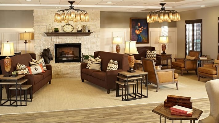 Cozy common area with seating and fireplace