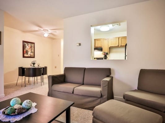 Cozy living room area with furniture and dining space