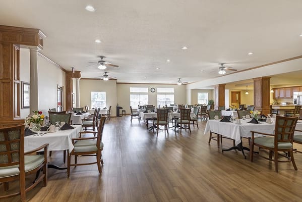 Bright dining room with neatly arranged tables