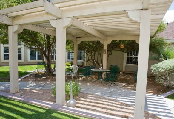 Outdoor seating area under a pergola with trees