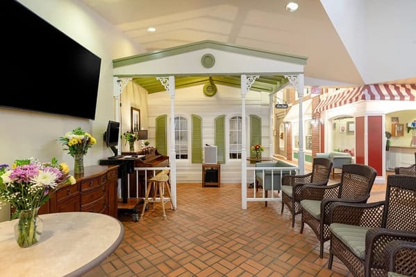 Bright common area with seating and decor