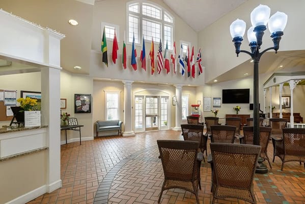 Bright common area with flags and seating