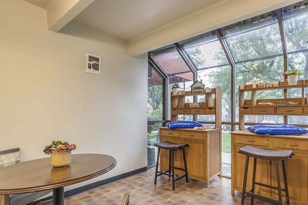 Brightly lit common area with seating and plants