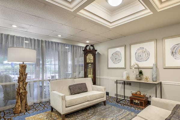 Interior lounge area with seating and decor