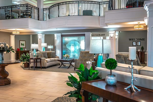 Bright lobby with seating and welcome area