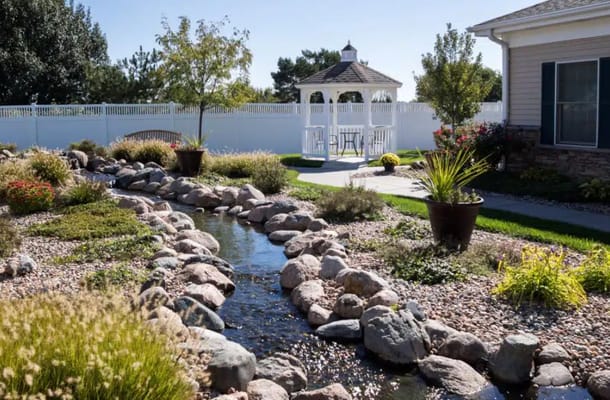 Garden area with gazebo and water feature