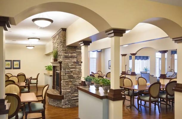 Interior view of a cozy common area with seating