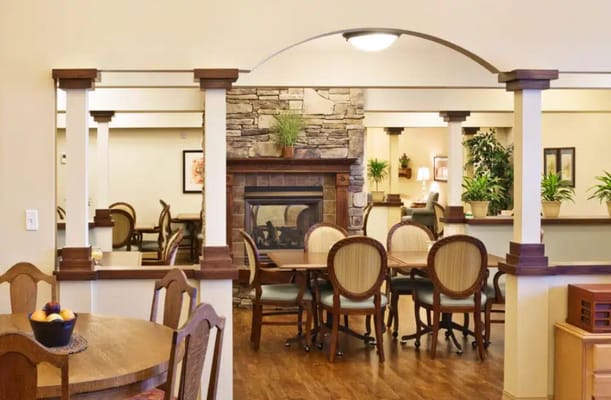 Interior view of a common area with seating and plants