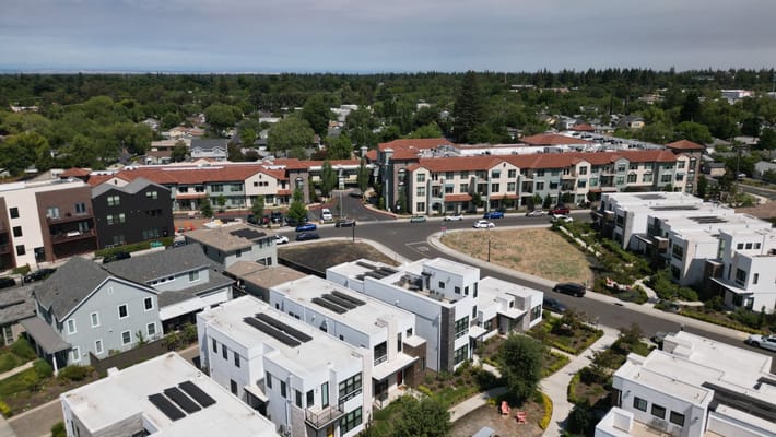 Aerial view of a senior living community with multiple buildings
