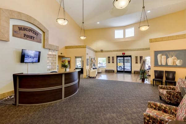 Bright interior lobby of Discovery Point Retirement Community