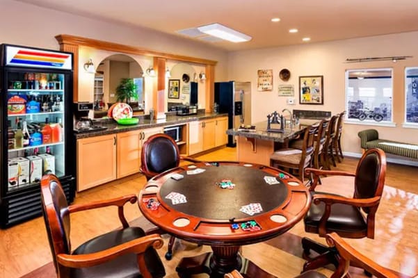Interior view of a common area with a poker table