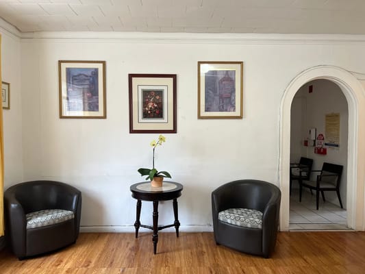 Interior view of a common area with seating