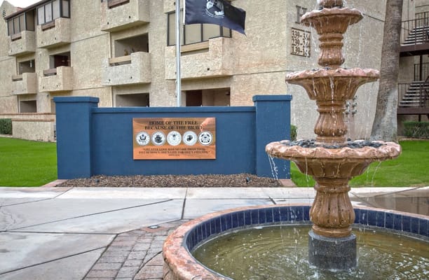 Outdoor fountain and building exterior of the facility