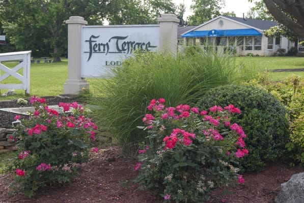 Sign for Fern Terrace surrounded by flowers