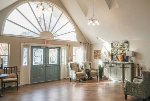 Bright and inviting interior common area with seating