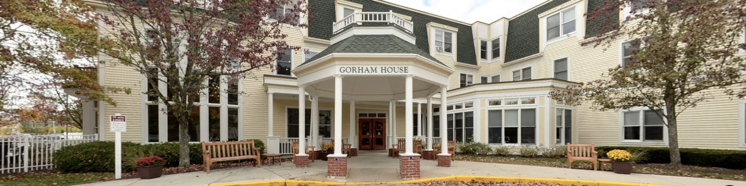 Exterior view of Gorham House entrance with seating