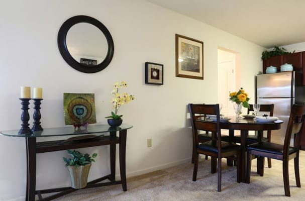 Brightly lit interior of a dining area in an apartment