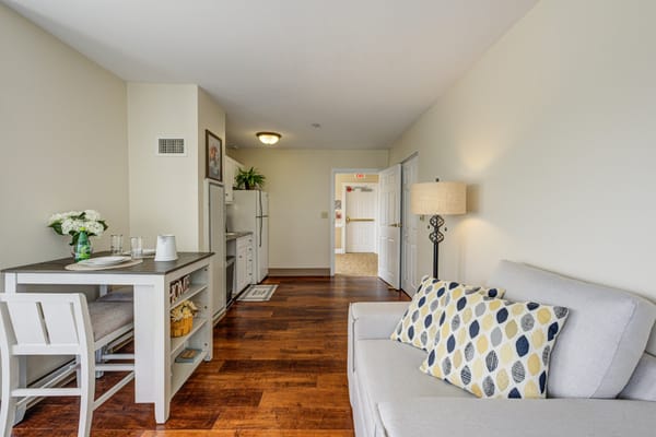 Bright interior of a resident living space with kitchen area
