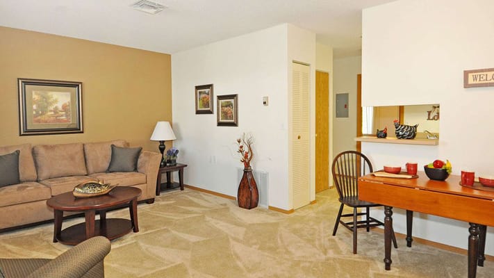 Living room area with sofa, table, and decor