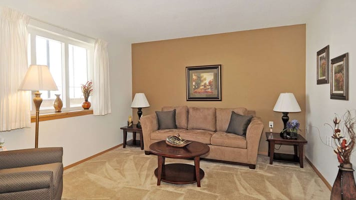 Cozy living room with a sofa, coffee table, and lamps