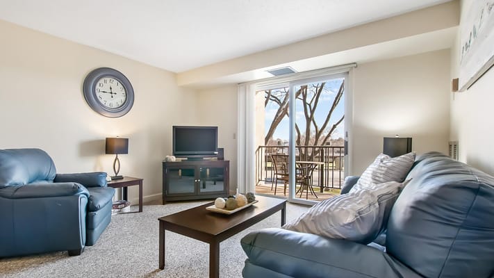 Bright living room with seating and patio access