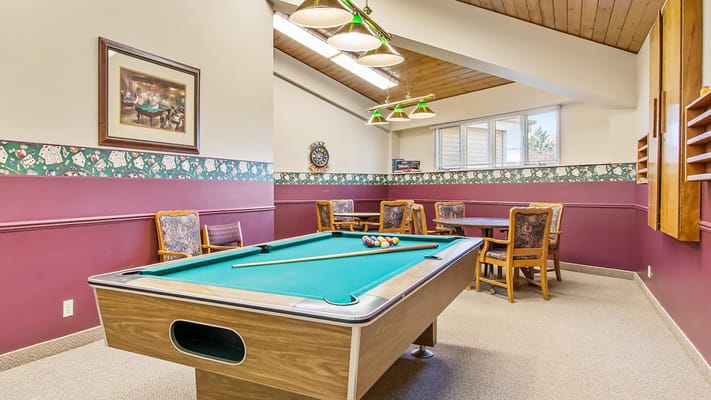 Bright game room with a pool table and seating
