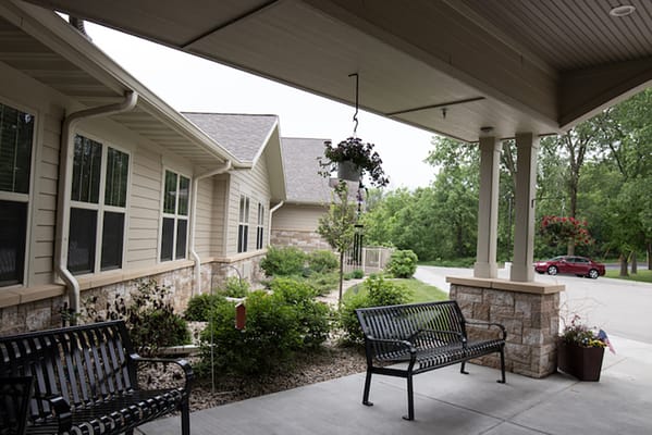 Outdoor space with benches and greenery