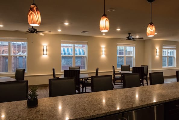 Interior dining room with wooden tables and chairs