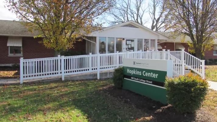 Front entrance of Hopkins Center with sign and railings