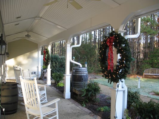 Outdoor porch decorated for the holidays